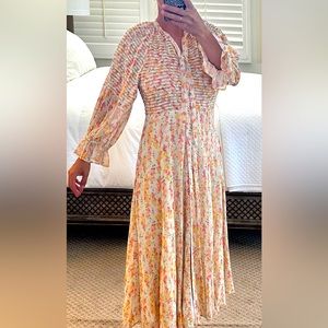 New with tags, by TiMo Daydream Floral Pleated Bust, Puff Sleeve Midi Dress